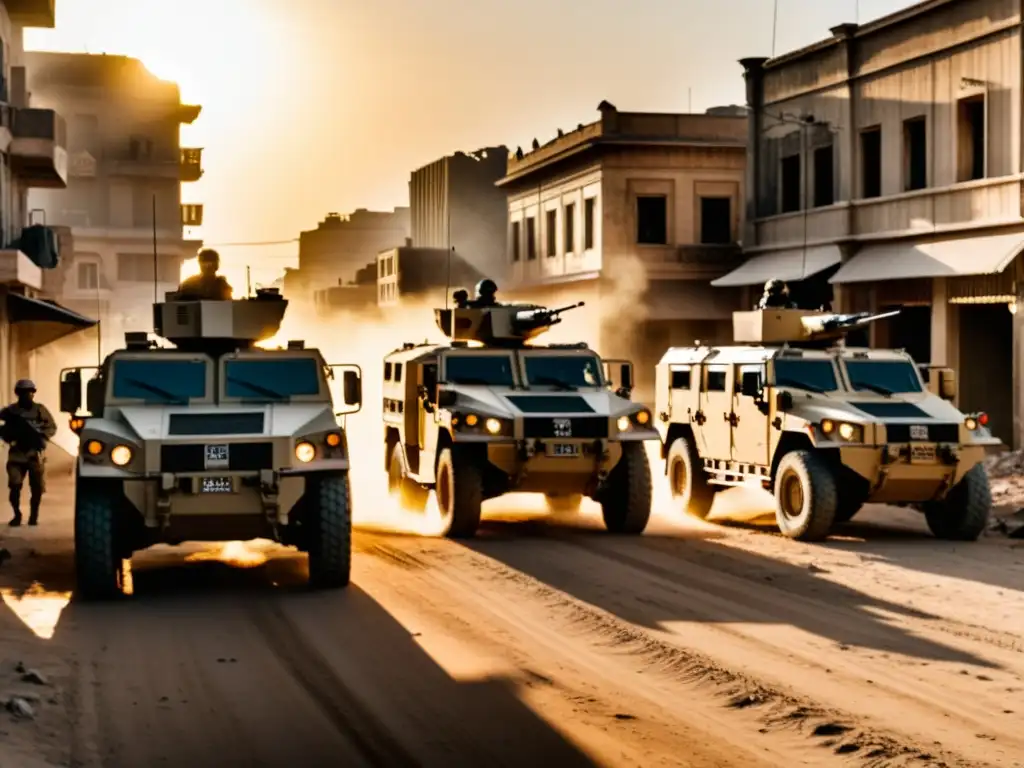 Vehículos como salvavidas en zonas de conflicto: Convoy de vehículos blindados avanza en ciudad devastada al atardecer, rodeados de soldados armados