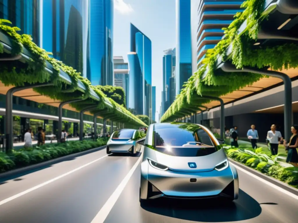 Vehículos solares y movilidad urbana sostenible en una ciudad futurista y ecológica, con diseño aerodinámico y paisaje urbano armonioso