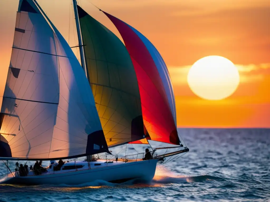 Vela colorida ondeando al atardecer en el mar, evocando la navegación costera y destinos de ensueño