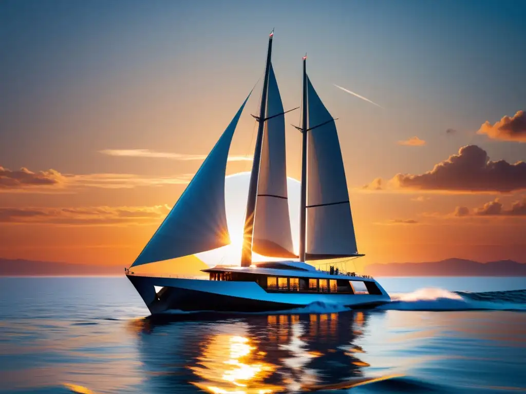 Un velero de carga futurista con tecnología eficiente de veleros de carga, navegando bajo un atardecer brillante en el mar