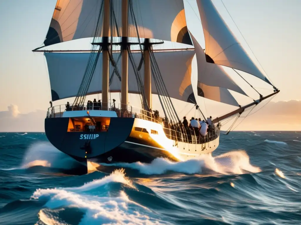 Un velero de carga moderno y eficiente corta las olas al atardecer, con su tripulación trabajando en unión