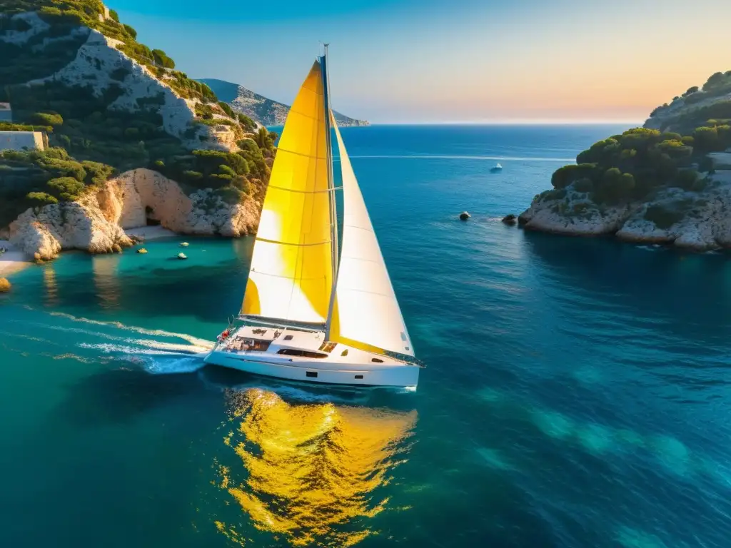 Un velero elegante surca aguas cristalinas del Mediterráneo al atardecer, reflejando el sol dorado