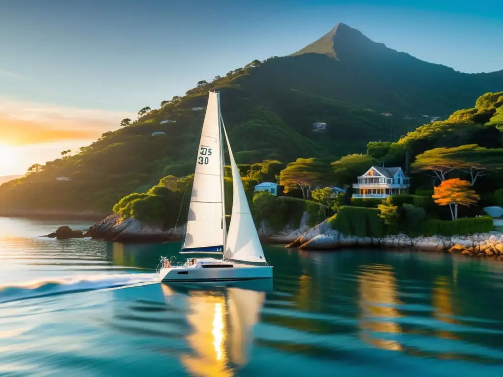 Un velero elegante navega en aguas cristalinas con un atardecer cálido de fondo