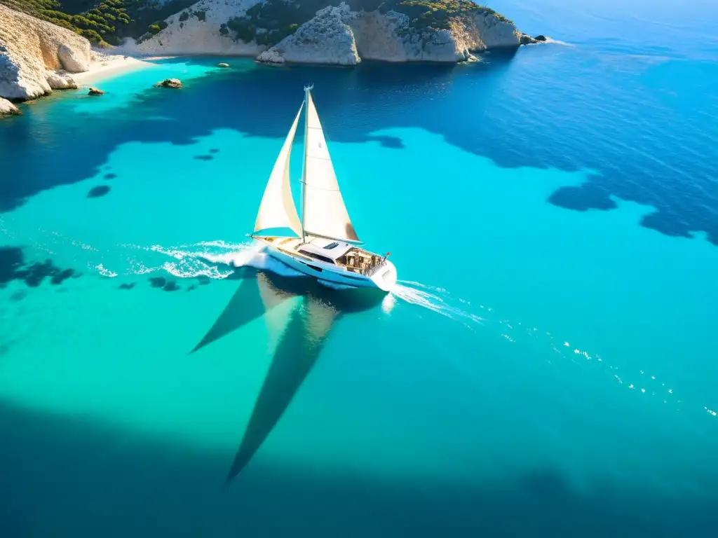 Un velero elegante navega por aguas turquesas, con la costa griega al fondo