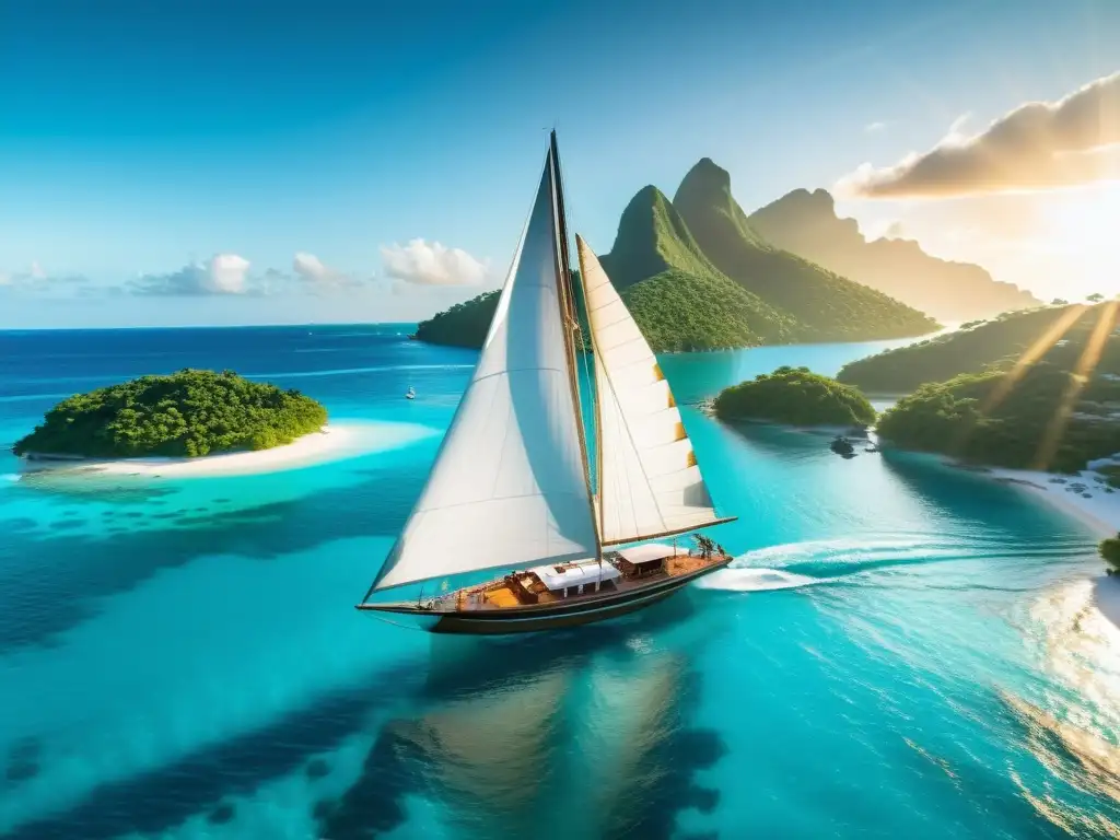 Un velero de madera navegando en aguas turquesas al atardecer, con destinos costeros navegación vela