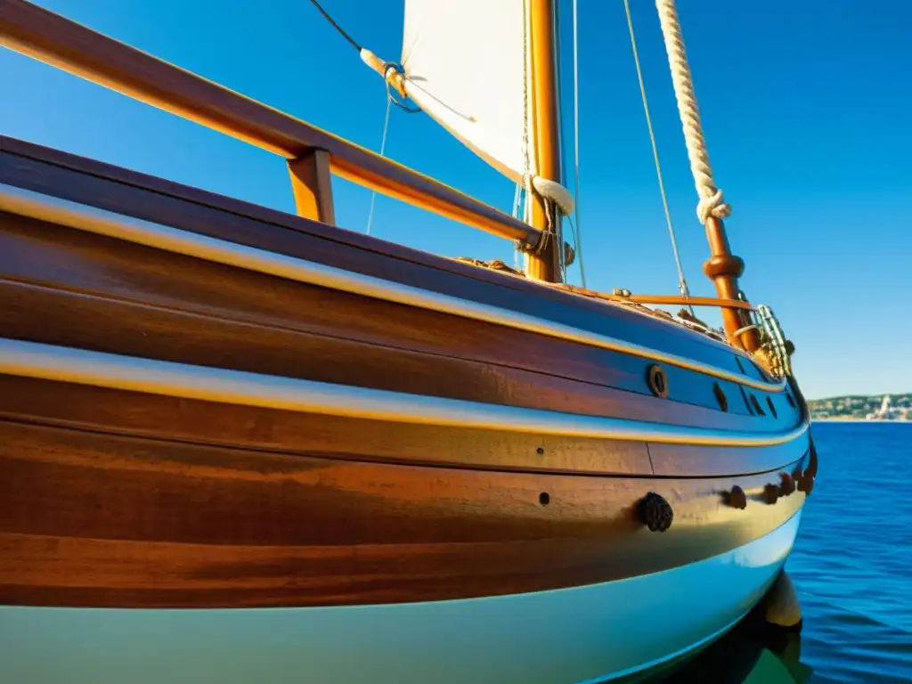 Un velero de madera desgastado con símbolos tallados, velas desplegadas, bajo el cálido sol, evoca la narrativa moderna de la navegación