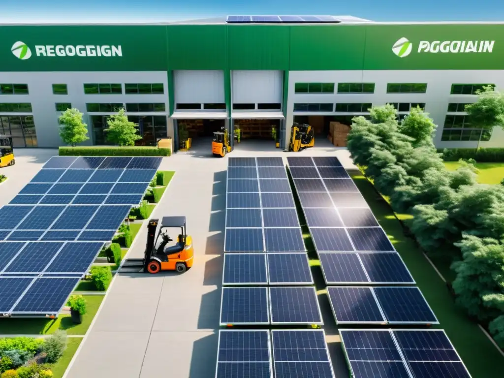 Almacén verde con normas ISO 14000 logística verde: trabajadores utilizan montacargas eléctricos en un entorno sostenible y ecoamigable