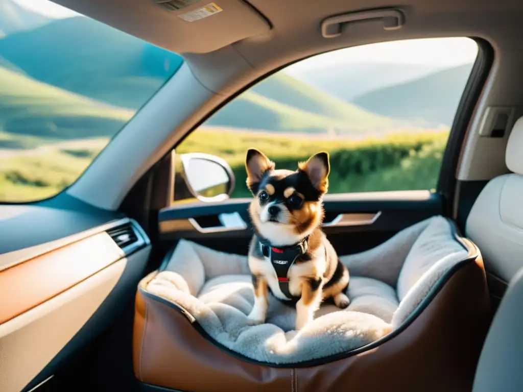 Un viaje pet-friendly en auto con un perro cómodamente instalado en su cama, disfrutando del paisaje