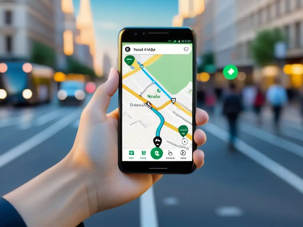 Un viaje emocionante en la ciudad con una mano sosteniendo un smartphone con una app de navegación abierta
