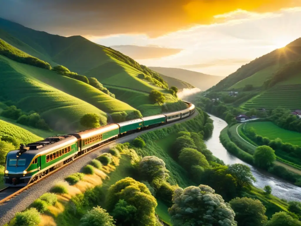 Un viaje ferroviario mágico a través de montañas verdes con pueblos encantadores y un tren de vapor vintage