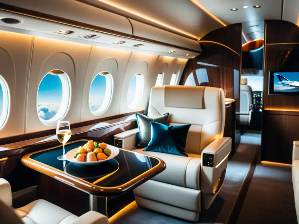 Viaje en jet privado de lujo con asientos de cuero, madera elegante y ambiente relajante