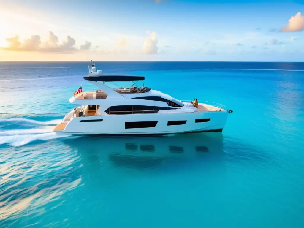 Catamarán de lujo en el Caribe al atardecer Viaje de lujo en catamarán: atardecer dorado en el mar Caribe, con elegantes huéspedes disfrutando de la sofisticación a bordo