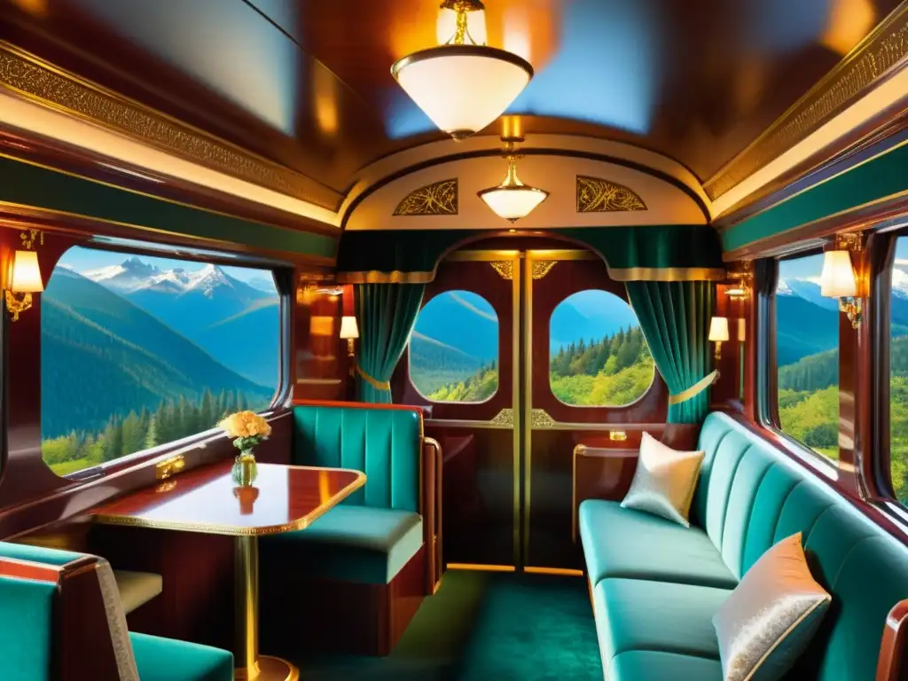 Viaje de lujo en ferrocarriles transcontinentales: opulencia vintage en un paisaje montañoso al atardecer