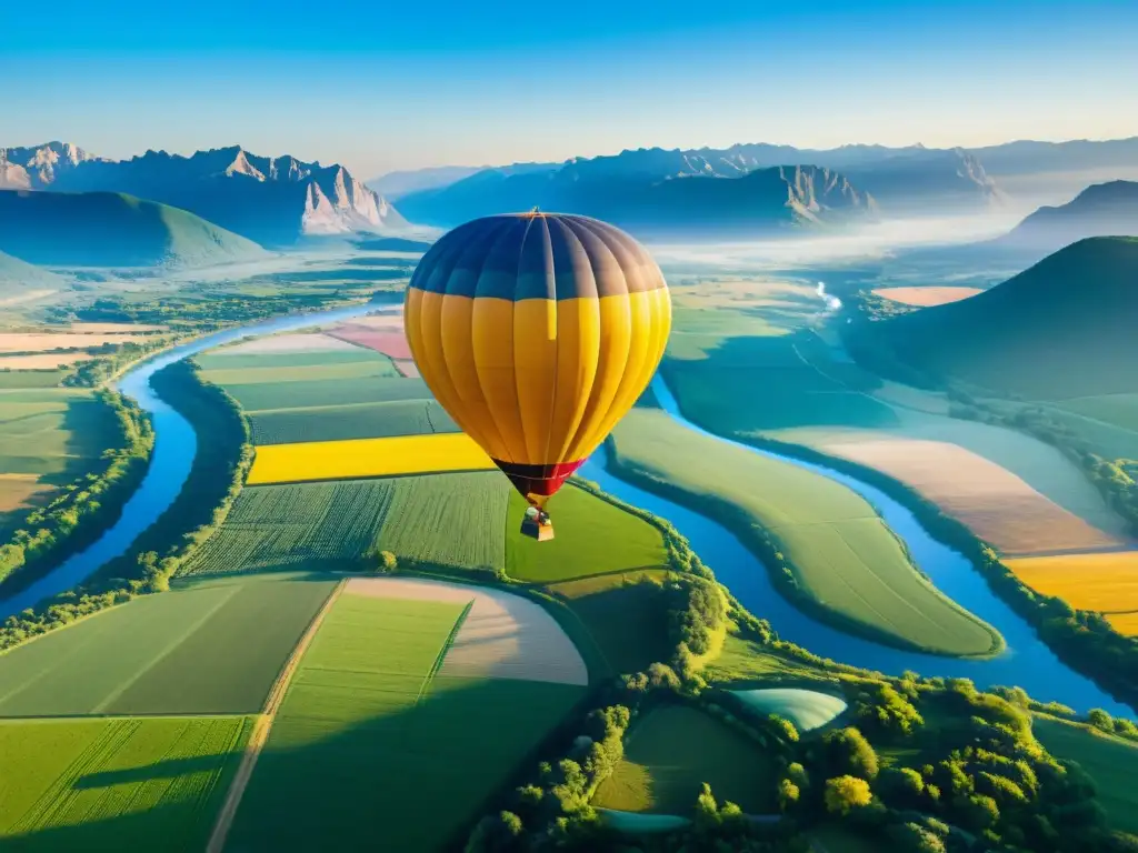 Viaje de lujo en globo aerostático sobre impresionante paisaje natural con campos verdes, ríos sinuosos y majestuosas montañas