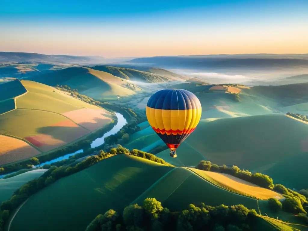 Viaje de lujo en globos aerostáticos sobre paisaje colorido al amanecer