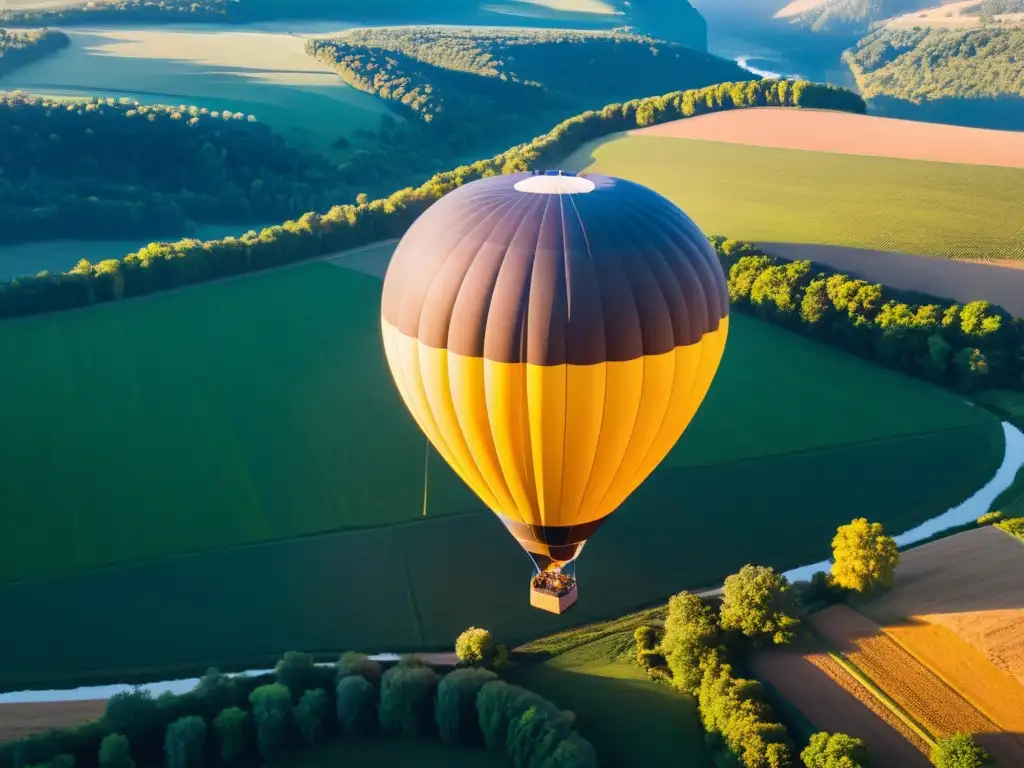 Viaje de lujo en globo aerostático sobre paisaje colorido al amanecer, con luz dorada iluminando la tierra