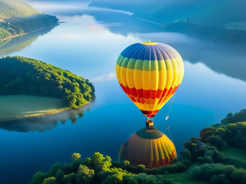 Viaje de lujo en globo aerostático sobre paisaje sereno al amanecer