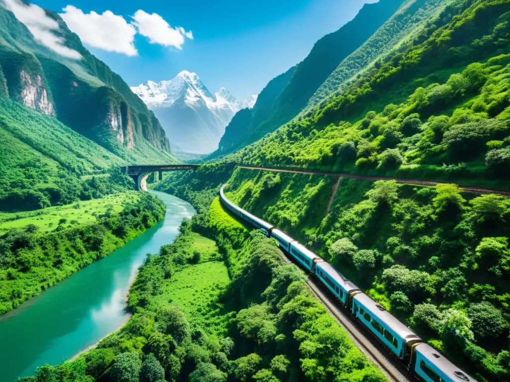 Viaje temático en tren por montañas verdes con río cristalino, túneles y picos nevados, pasajeros admirando la belleza natural desde ventanas amplias