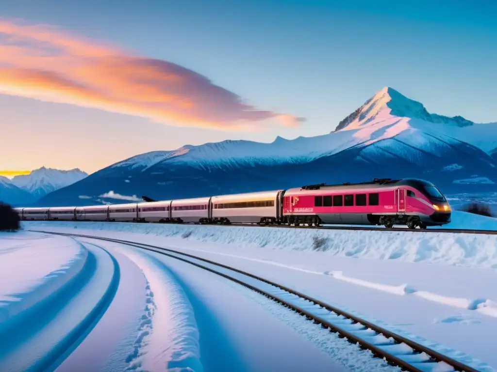 Viaje temático en tren a través de un paisaje nevado con montañas al atardecer