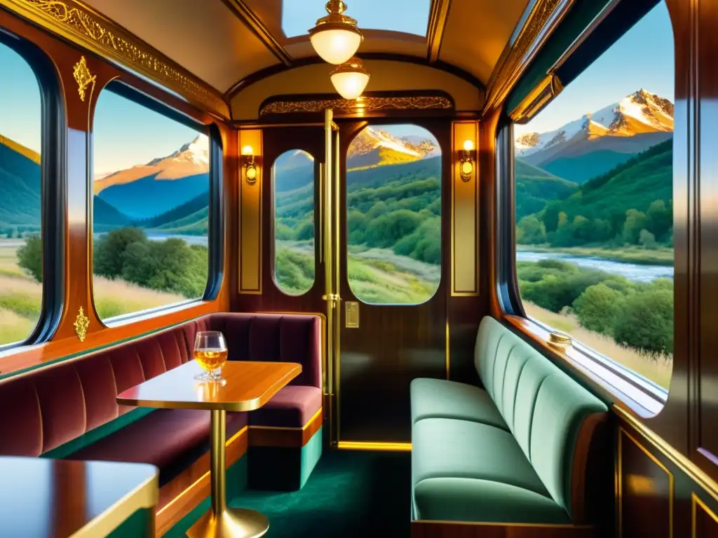 Un viaje en el tiempo a bordo de un lujoso vagón de tren histórico, con detalles opulentos y paisajes impresionantes