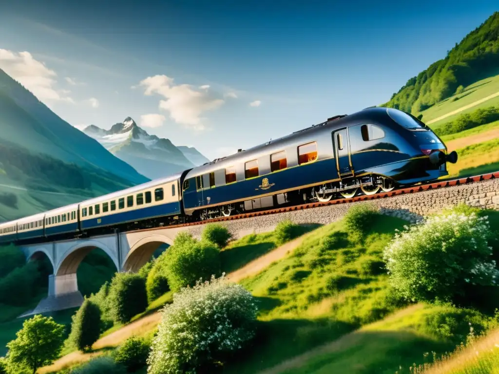Viaje en el Orient Express a través de un paisaje europeo pintoresco, destacando su elegante diseño