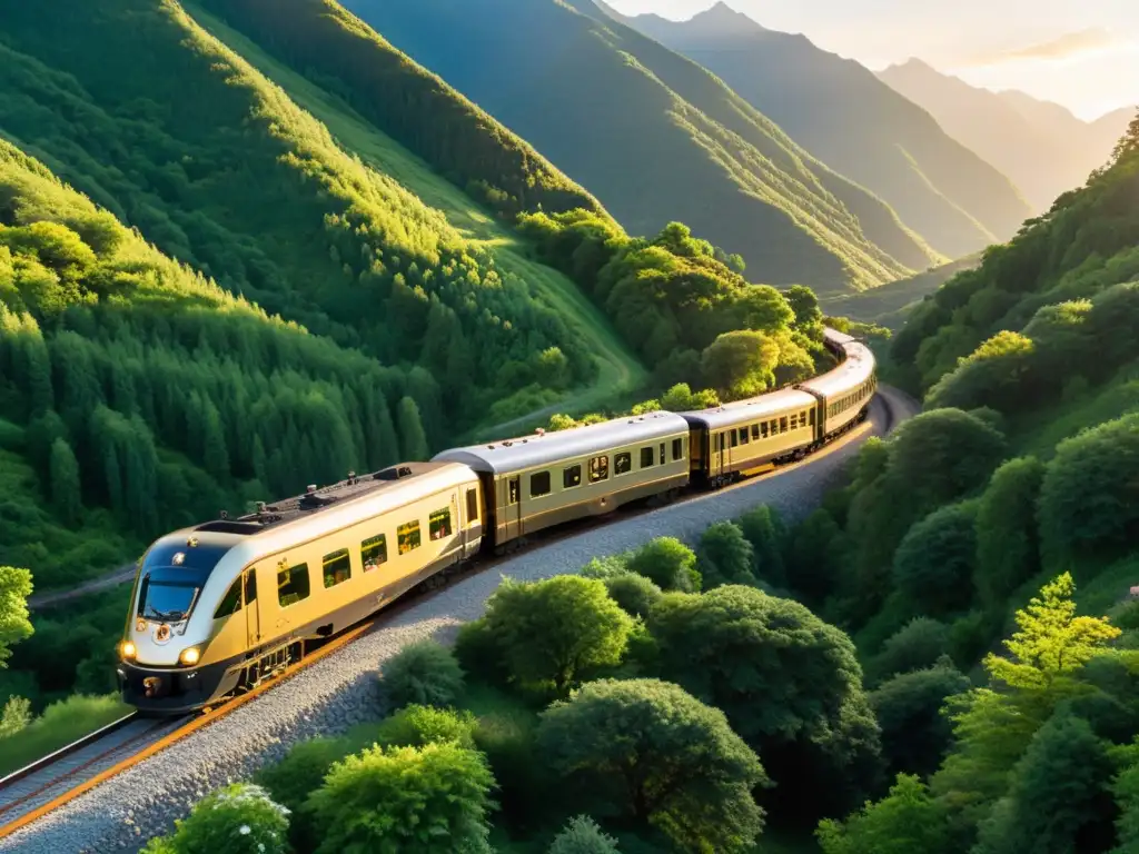 Viaje en tren de lujo al atardecer entre majestuosas montañas y exuberante naturaleza, con vagones vintage restaurados y detalles dorados