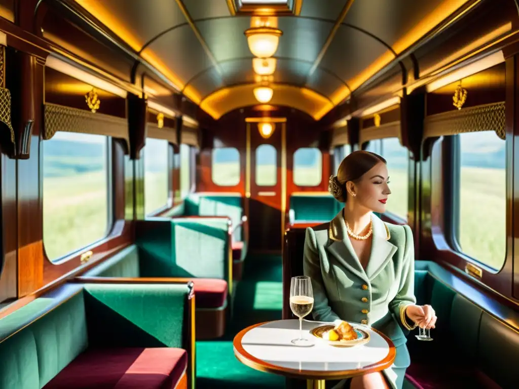 Viaje en tren de lujo: Interior vintage con asientos de terciopelo, paneles de madera pulida y elegantes detalles de latón