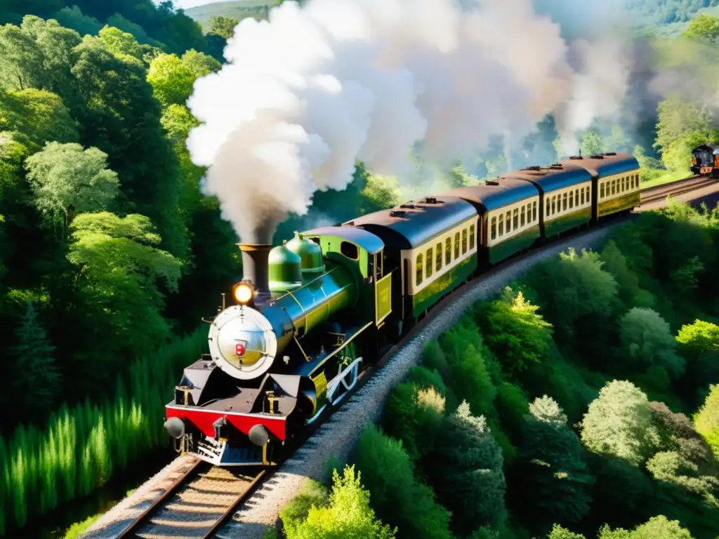 'Viaje en tren a través de un bosque verde, con la antigua locomotora expulsando vapor blanco