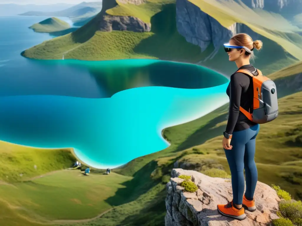 Viajero en acantilado con wearables inteligentes, explorando paisaje remoto y futurista con guía digital en gafas de realidad aumentada