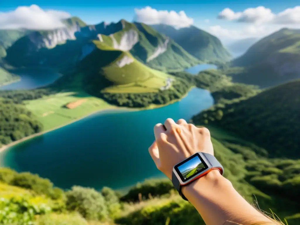 Un viajero activo usa un wearable para actividad física en un hermoso paisaje