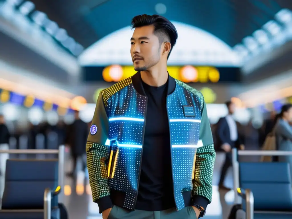 Un viajero en un aeropuerto usando una chaqueta futurista con paneles solares y tecnología integrada