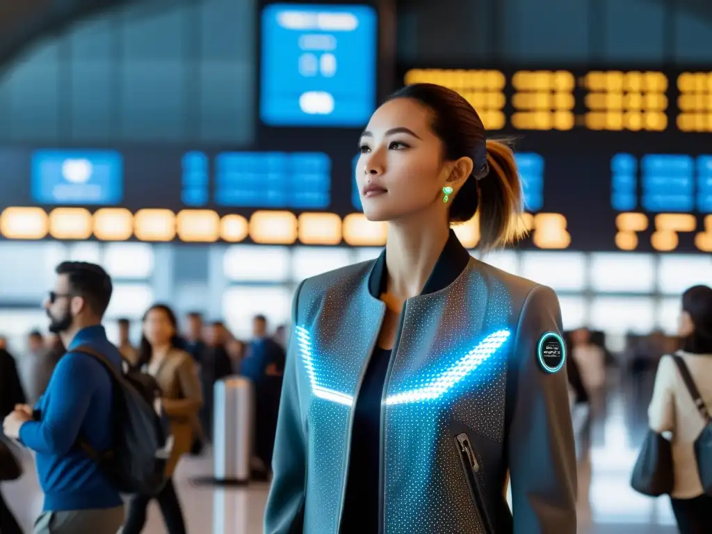 Viajero en aeropuerto con chaqueta inteligente futurista con paneles solares y GPS