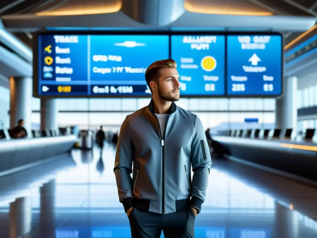 Viajero en aeropuerto con chaqueta wearable tecnológica de diseño futurista