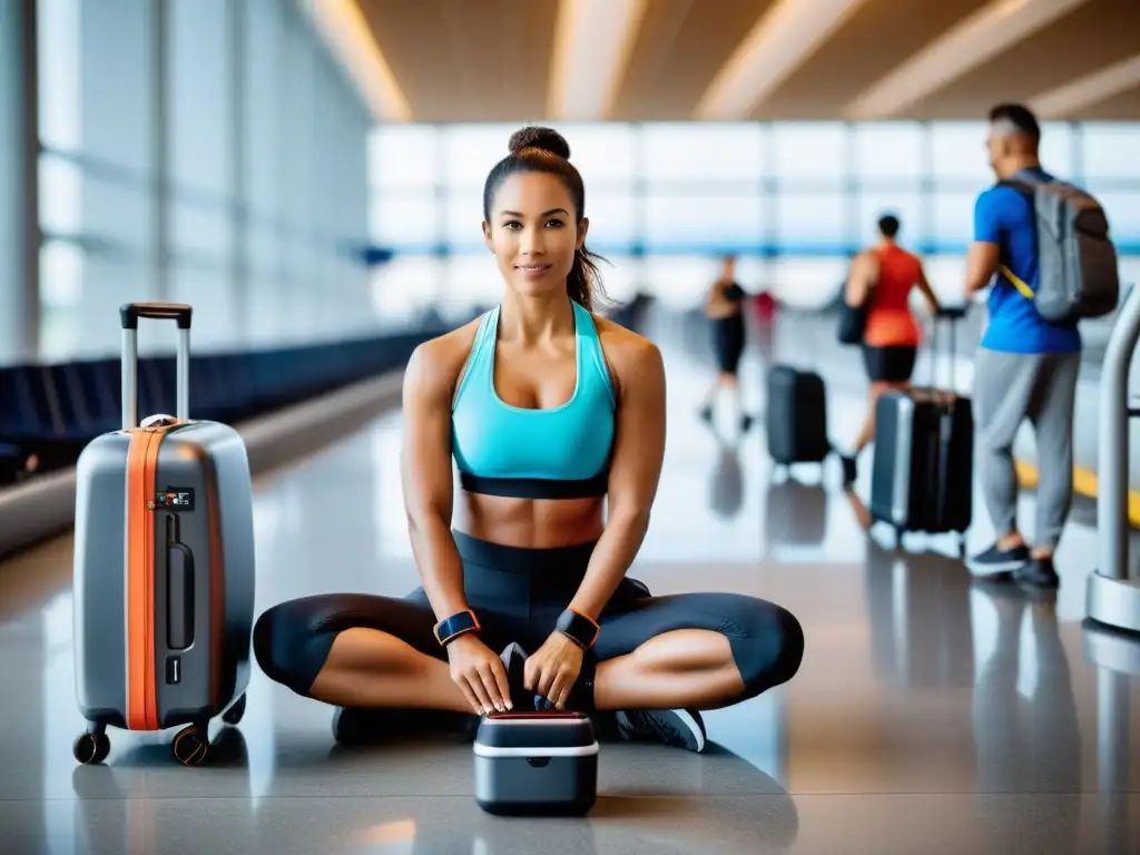 Un viajero en el aeropuerto usando gadgets fitness para viajar, rodeado de maletas y otros viajeros