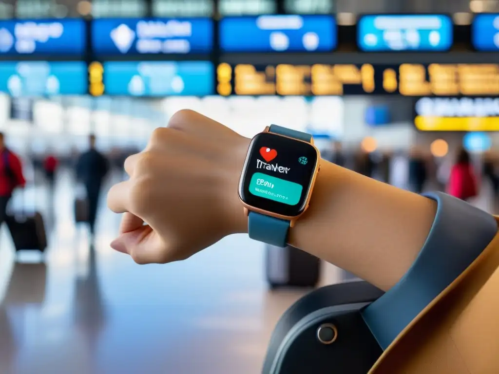 Un viajero en un aeropuerto con un smartwatch mostrando datos de salud en tiempo real