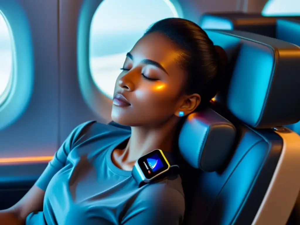 Un viajero descansa en un asiento de avión con un elegante dispositivo wearable para mejorar el descanso del viajero en su muñeca