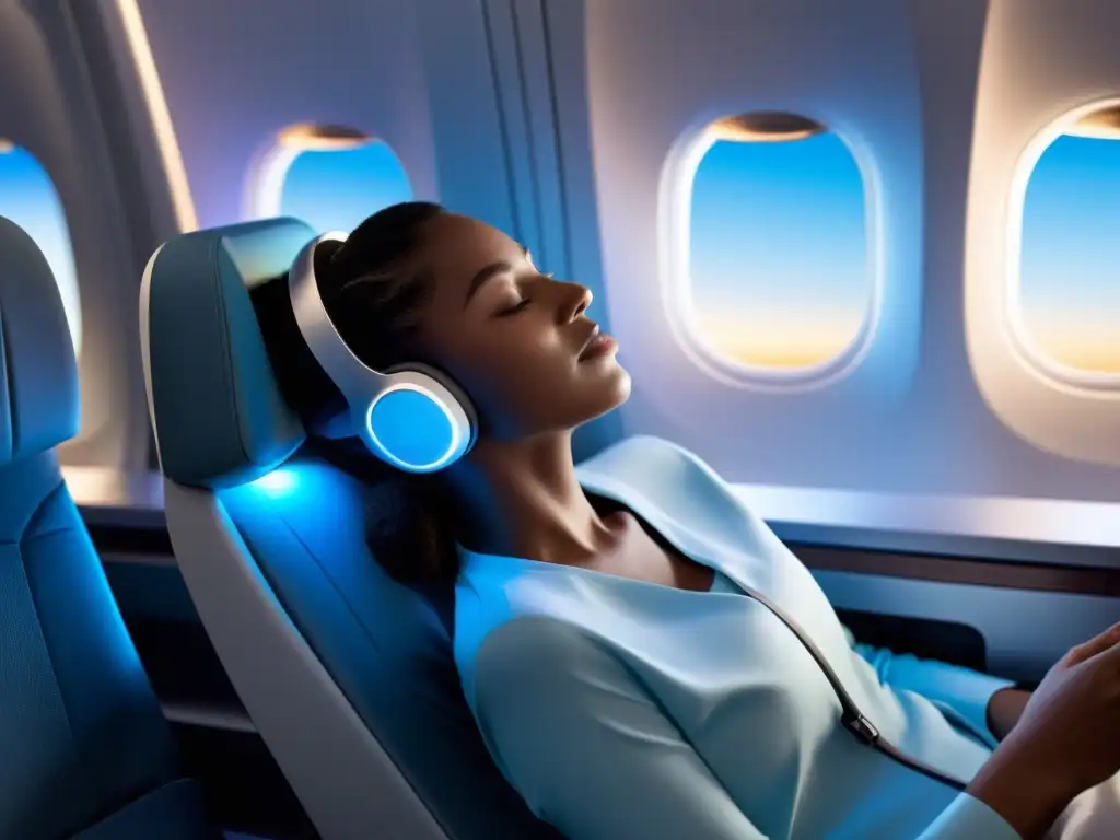 Un viajero se relaja en un asiento de avión con un elegante dispositivo wearable para mejorar el descanso