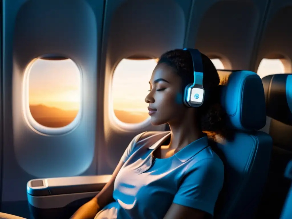 Un viajero duerme plácidamente en un asiento de avión, con un moderno dispositivo wearable en la muñeca