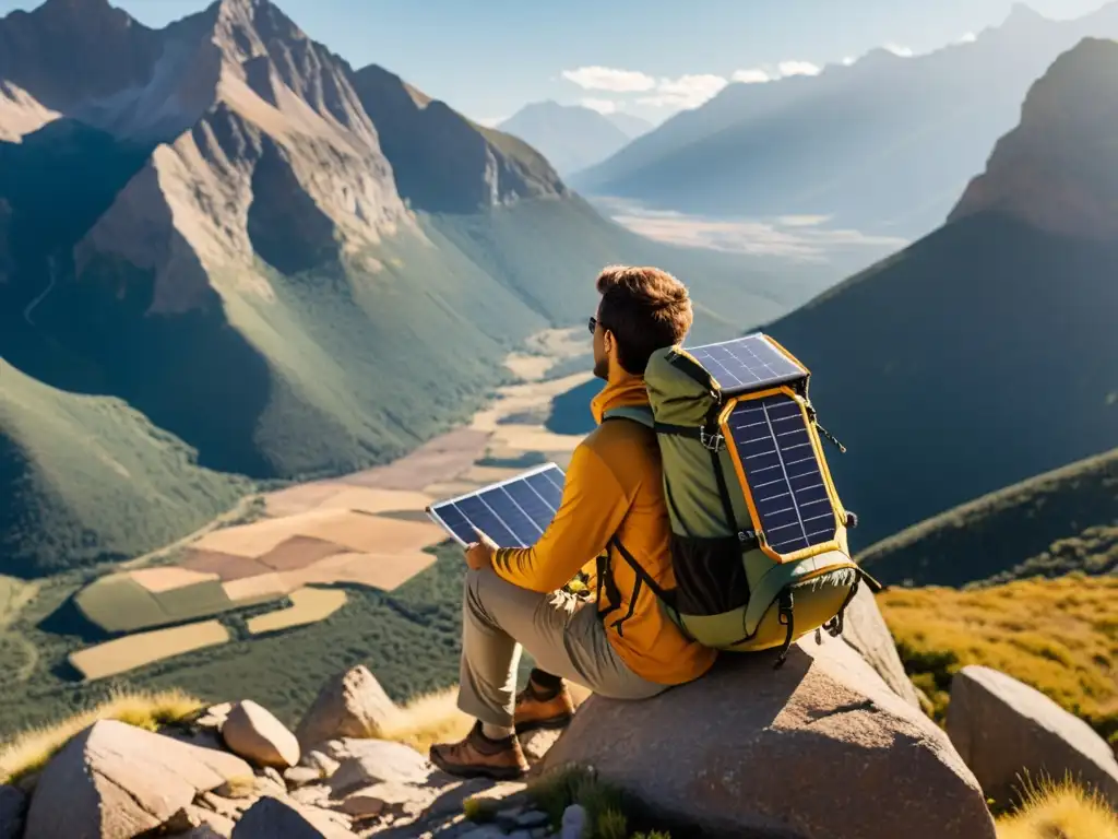 Un viajero contempla el atardecer en un acantilado, con un panel solar portátil