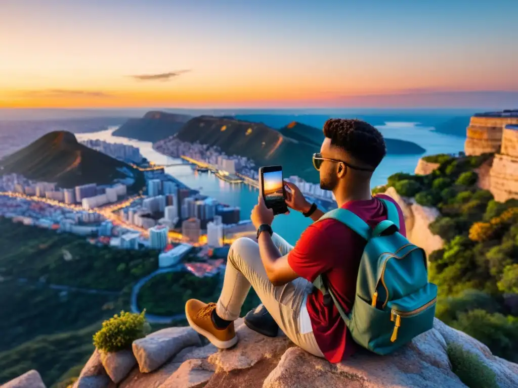 Viajero capturando atardecer sobre la ciudad con herramientas digitales para documentar viajes