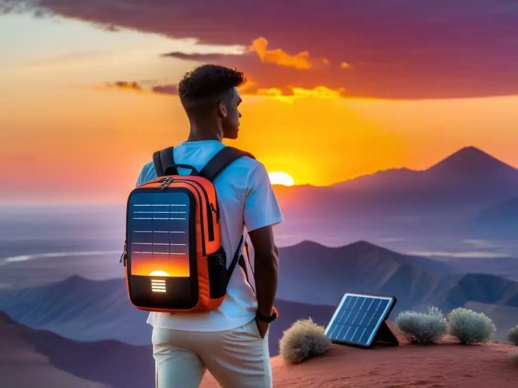 Viajero disfruta del atardecer, con mochila solar de alta tecnología cargando dispositivos electrónicos