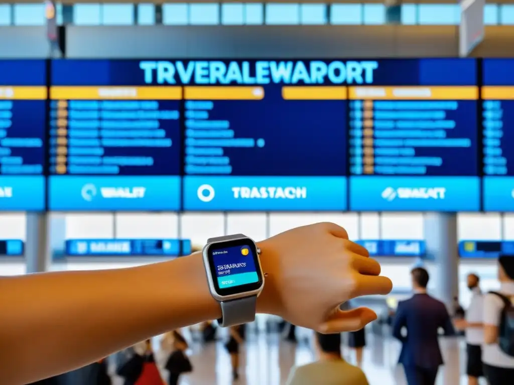 Un viajero en un bullicioso aeropuerto, con un elegante smartwatch mostrando una interfaz de billetera cripto