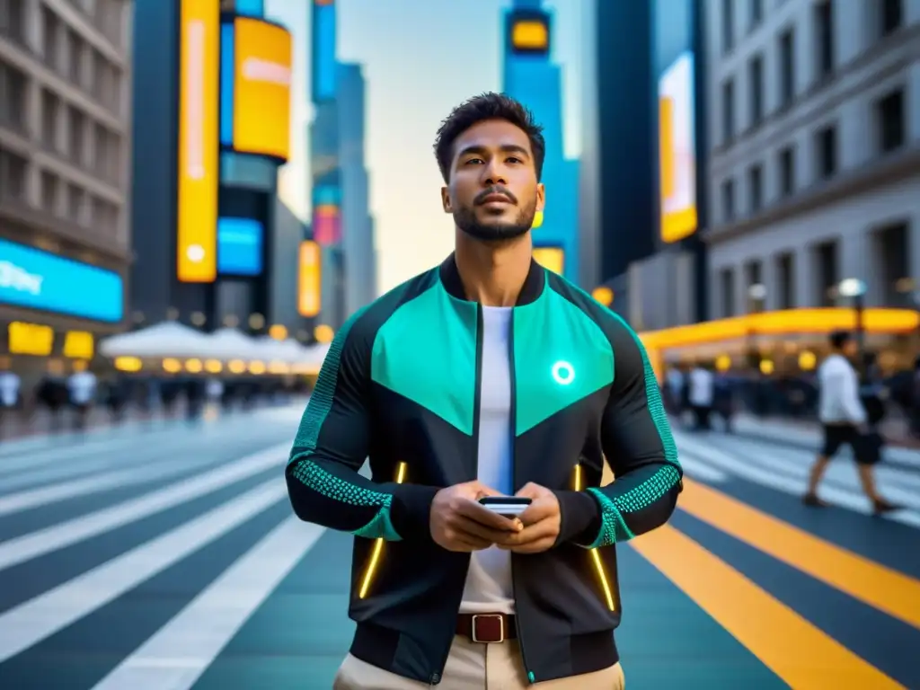 Un viajero en una calle de ciudad, con una chaqueta inteligente que muestra información de transporte y clima