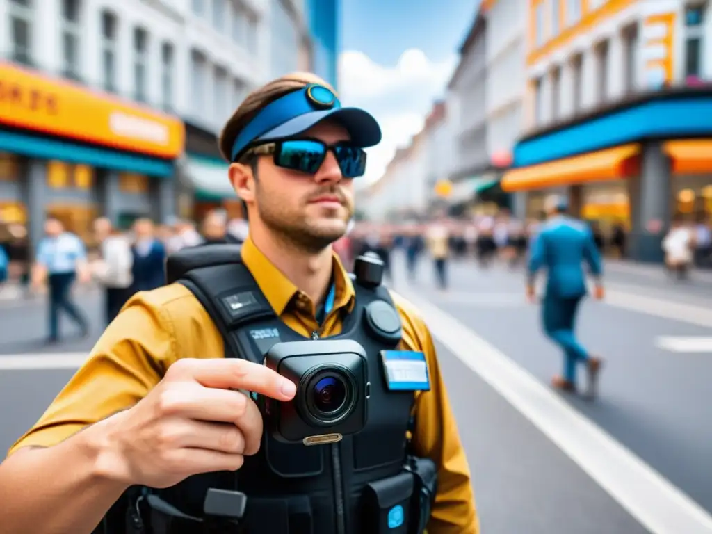 Un viajero con una cámara personal para seguridad en viajes explora la bulliciosa vida urbana de una ciudad extranjera