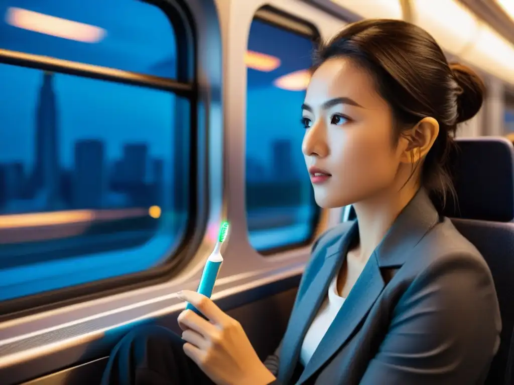 Un viajero usando un cepillo de dientes eléctrico portátil en un tren abarrotado, con la ciudad ajetreada de fondo