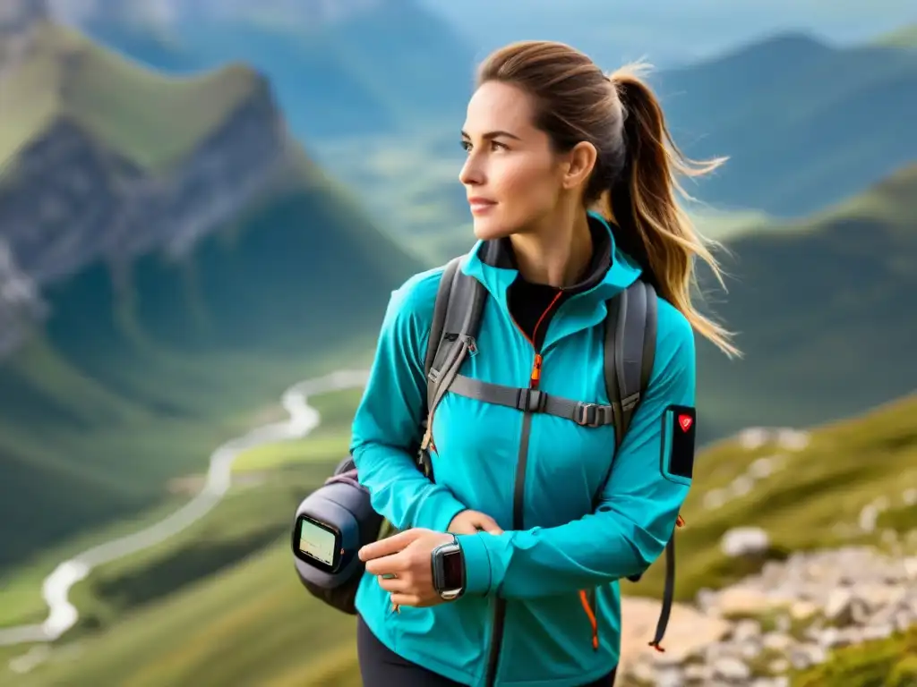 Explorador equipado con smartwatch en cima de montaña Un viajero en la cima de una montaña, con un reloj inteligente con GPS, monitor de ritmo cardíaco y rastreador de actividad