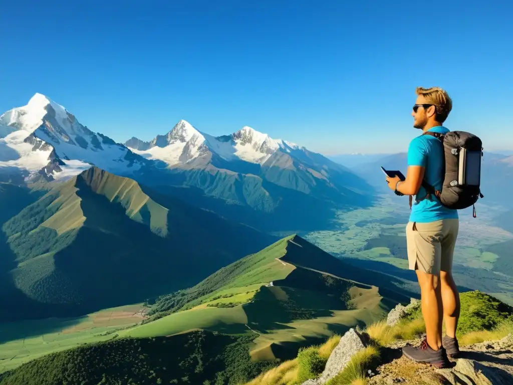 Un viajero en la cima de una montaña, usando wearables para planificar su próxima aventura