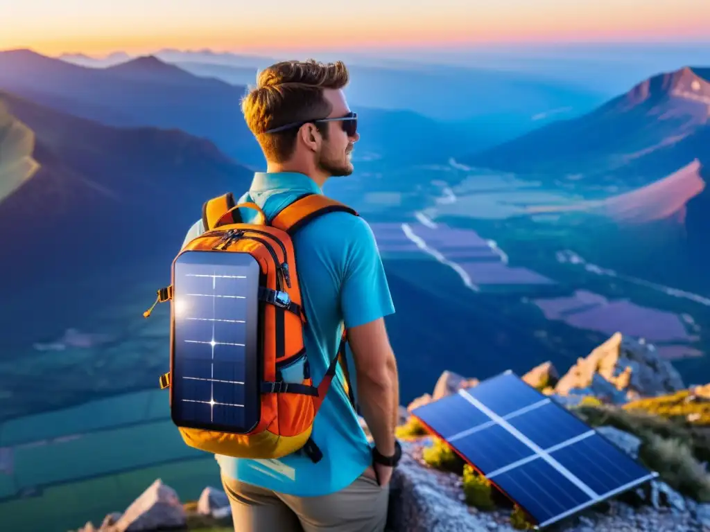 Viajero en la cima de la montaña con wearables solares para cargar dispositivos, disfrutando de un atardecer impresionante