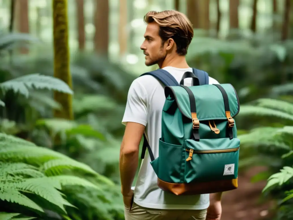 Un viajero consciente camina por un exuberante bosque con su mochila ecofriendly, en armonía con la naturaleza