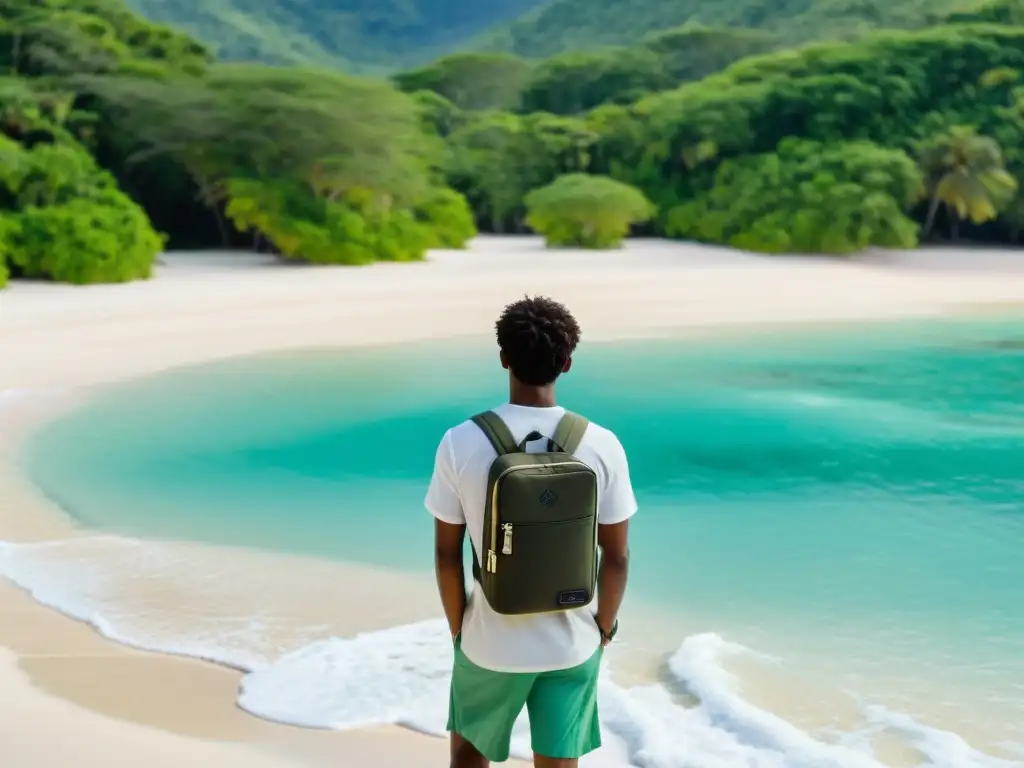 Un viajero consciente en una playa remota, vistiendo accesorios eco-friendly, conectado con la naturaleza